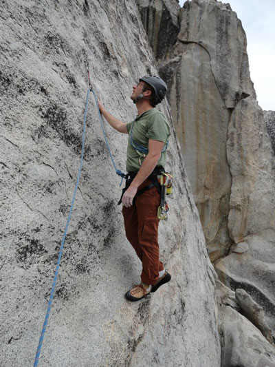 Ryan Strickland, Idyllwild Arts physics and math teacher, doing what he likes to do best, “clean” or traditional climbing. Photo courtesy Ryan Strickland