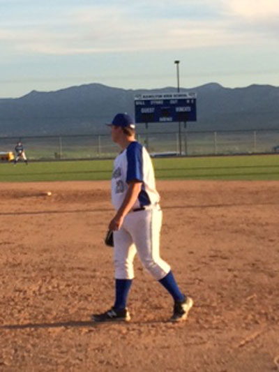 Chance Vladika (left) is the Hamilton High School first baseman this season. The Bobcats lost this game 12-8 to Palm Desert High School. Photo by Mike Vladika