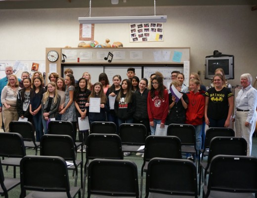 Thirty students, the most in its four years, composed the Idyllwild School Grantmakers. Assisting the students to learn about community and philanthropy were George Companiott (far left), Donna Mercer (in front far left) and Holly Guntermann (far right) Photo by Chandra Lynn 
