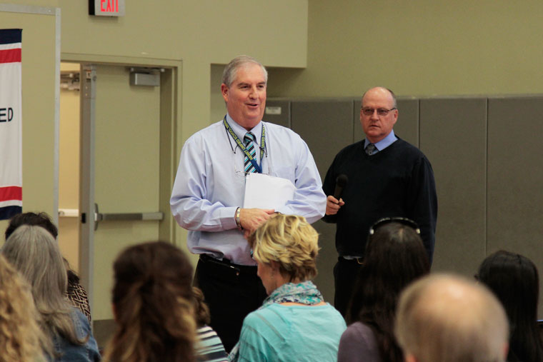 Dr. Barry Kayrell, superintendent of the Hemet Unified School District, discussed the district’s Local Control Action Plan with parents and staff at Idyllwild School. Joining Kayrell was Idyllwild School Principal Matt Kraemer (standing in back). Photo by John Drake
