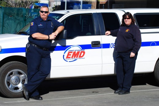 Riverside County’s Emergency Management Department’s logo is now on all its vehicles. Attending his first Mountain Emergency Service Committee meeting is Jerry Hagen (left) accompanied by the current EMD coordinator, Kathleen Henderson. Photo by J P Crumrine