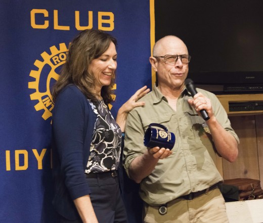 Julie Roberts (left), healthcare executive and consultant, receives a mug from Idyllwild Rotary President Chuck Weisbart after addressing club members about the history of healthcare in the U.S. and the results of the Affordable Care Act last week. Photo by Tom Kluzak 