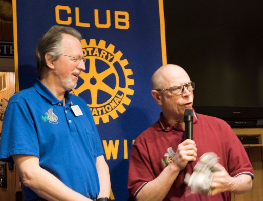 Idyllwild Rotary President Chuck Weisbart (right) presents Tom Kluzak, retired physician and Rotarian, with a very active Idyllwild Rotary squirrel after he spoke about healthcare at the weekly meeting on March 23. Photo courtesy Tom Kluzak 