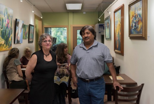 Above, artists Carol Landry (left) and Rigo Rivas from the Art Alliance of Idyllwild showcased their works at the Sky Island Natural Foods Gallery on Friday evening, March 18. Photo by Tom Kluzak 