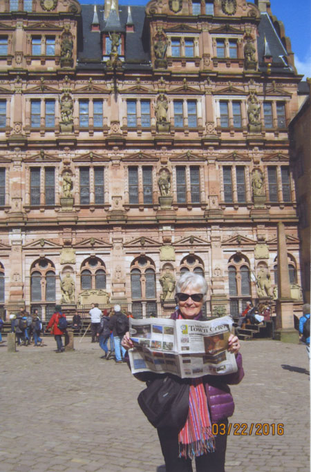 Elaine Hoggan of Pine Cove is showing off her Town Crier at Heidelberg’s 13th century castle ruins during a cruise tour in Austria, Germany and the Netherlands. Photo courtesy Elaine Hoggan 