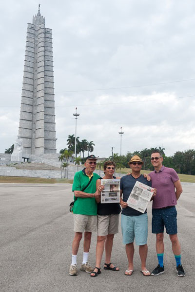 “The Idyllwild Four at Revolution Plaza in Havana — 17 signed up, only four made it!” Santiago wrote. From left, are Timothy Wurtz, Pam Goldwasser, Eduardo Santiago and Mark Davis. The Town Crier is the newspaper on the left and on the right is Cuba’s national newspaper, El Granma, whose cover photo shows President Barack Obama shaking hands with Cuban President Raul Castro. 
