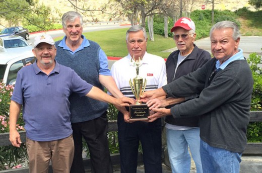 Grandfathers For Golf held its first Volunteers Tournament on Tuesday, March 29, at the Golden Era Golf Course in San Jacinto. Winners of the four-man scramble format were (from left) Idyllwilder Jim Crandall (Grandfathers board secretary), former Idyllwilder Tony Viola (vice president), and volunteers Bob Wadlow and Gene Slocum. President Ernie Kercmar (far right) presented the Presidents Trophy, which will be inscribed with the golfers’ names. The foursome shot a 16-under-par 56 that included 3 pars, 14 birdies and an eagle on the last hole. Grandfathers For Golf is a nonprofit organization based in San Jacinto dedicated to teaching at-risk kids and others the game of golf. Participating children are given a set of golf clubs, a hat and shirt, and six weeks of instruction at three area golf courses. Photo by David Hiemenz 