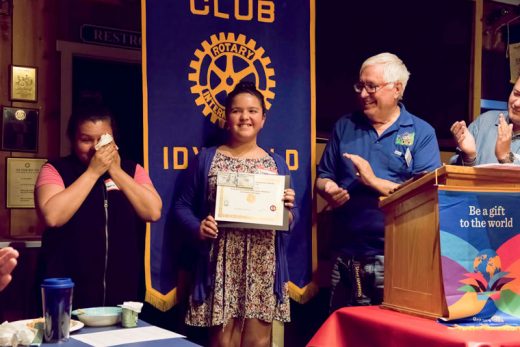 Jessica Ruelas (center) was honored with the sixth-grade Idyllwild Rotary Citizenship Award and Scholarship at the Rotary meeting on April 20. Jessica’s teacher at Idyllwild School praised her as being conscientious and always willing to help others. She tutors other students and plays the cello in the school band. Presenting the award is Rotarian Scott Fisher (right). Jessica’s mother, Maura (left), is obviously proud of her daughter’s accomplishments.Photo by Tom Kluzak 