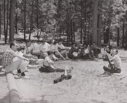 During the first Summer Program at Idyllwild Arts, folk singer Pete Seeger entertained campers. Seeger was one of many famous artists who came to the nascent campus in the early years of the Summer Program. Photo courtesy Sydney Cosselman, IA Krone Museum 