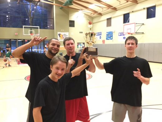 The winners of Town Hall Adult Basketball are, from left, Kellen Porter, Matt Nunn, Noah Rutherford and Stefan Carman (in front). Photo courtesy Bob Lewis