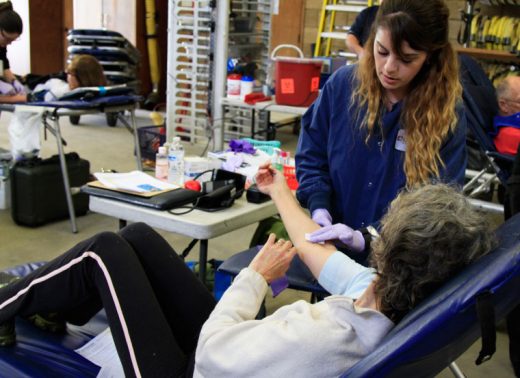 Lifestream’s Anna Lopez draws blood from Patty Hudson at the IFPD Blood Drive, Saturday at the Idyllwild Fire Station.  Photo by John Drake