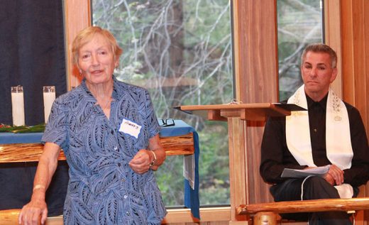 In commemoration of the Holocaust, Frances Nassau (left), a 92-year-old concentration camp survivor, was guest speaker at Friday night’s Temple Har Shalom service held at St. Hugh’s Episcopal Church. Nassau related many of the ordeals she and others endured while being held in the World War II camps. Leading the service was Rabbi Jules King (right).Photo by Barry Zander 