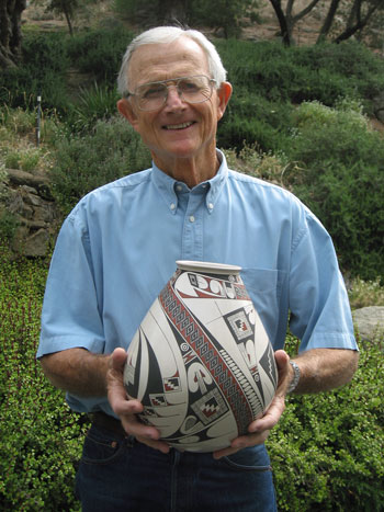 Walter Parks, next speaker in the Idyllwild Community Center Speaker Series, is seen here with a piece of Mata Ortiz pottery. The Native American tradition is very strong as part of the Idyllwild Arts Summer Program. Parks will discuss 70 years of history at Idyllwild Arts in his talk at Silver Pines Lodge. Photo courtesy Walter Parks 