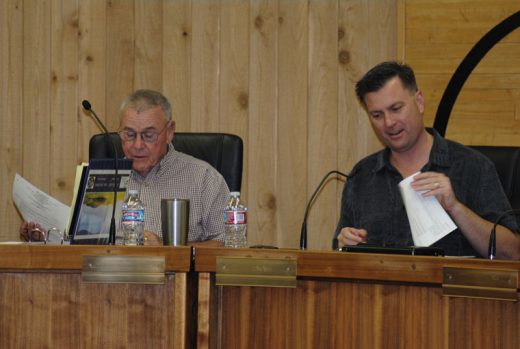 The first meeting of the Idyllwild-San Jacinto Regional Fire Authority was Thursday, June 9, in the San Jacinto Unified School District board room. Here, authority Chair Andrew Kotyuk (right), San Jacinto mayor, and Vice Chair Jerry Buchanan, Idyllwild Fire Protection District Commission president, preside over the inaugural session.Photo by J.P. Crumrine