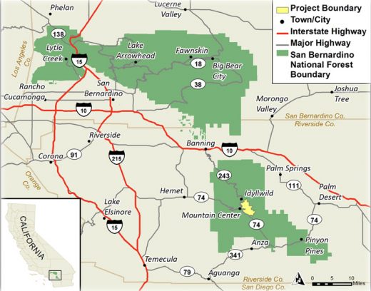 The May Valley Trail Project is highlighted in a map of the San Bernardino National Forest. Map courtesy U.S. Forest Service 