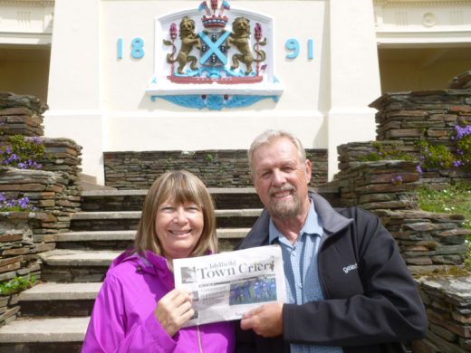 Martin and Janet Jones of Idyllwild, while visiting the UK in May, read the Idyllwild Town Crier in Plymouth on the Hoe at the colonnaded Belvedere, created in 1891. Photo courtesy the Jones