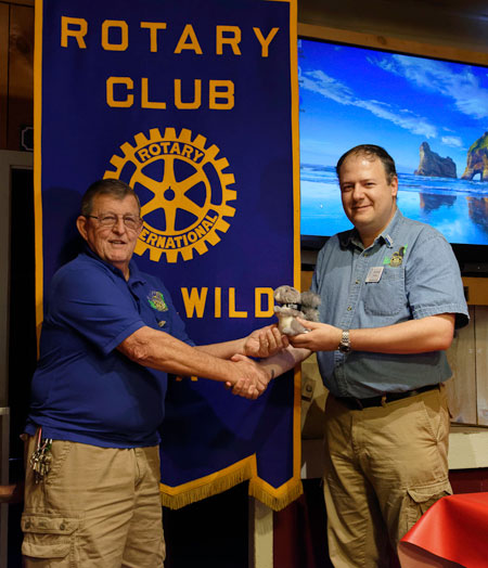 Idyllwild Rotary President Marc Kassouf (right) presents the Rotary squirrel to Rick Foster after he addressed the club at its weekly meeting on Wednesday, July 13. Foster talked about Rotary International and its website, www.rotary.org. Many don’t realize that Rotary International, whose motto is “service above self,” has 1.2 million members worldwide, and supports a wide variety of philanthropic causes, including the eradication of polio. The Idyllwild Rotary Club contributed $20,000 to the local community last year. Photo by Tom Kluzak 