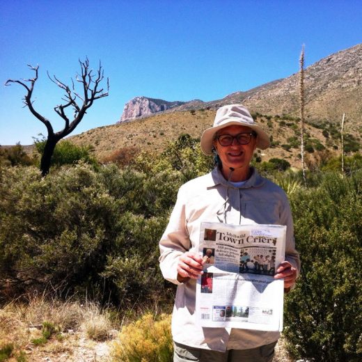 While in Texas in April giving premieres at Sul Ross State University of her television documentaries about the Euro-Asian country ofAzerbaijan, Nancy Pearlman took some hikes in the Guadalupe National Park and kept up on affairs in Idyllwild with her Town Crier.  Photo courtesy Nancy Pearlman