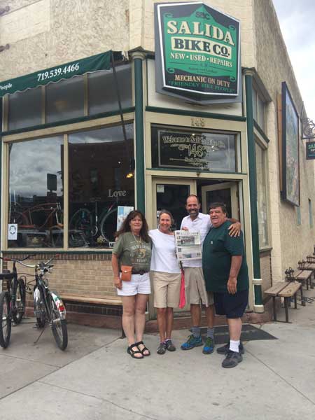 Town Crier travelers Kris Kirschbaum and Dave Hunt (center) visit Jen and Tom Adamson in Salida, Colorado, recently.  Photo courtesy Dave Hunt