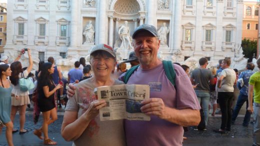 Martin and Janet Jones of Idyllwild traveling with our Town Crier in front of the Trevi Fountain in the Piazza de Trevi in Rome.  Photo courtesy the Joneses 