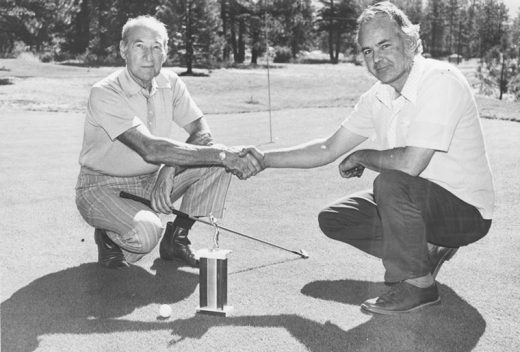 In accepting the W.A.G.G. championship trophy in September 1973 from Reid Phippeny (right), Jim Eymann was heard to say, “In all humility, I accept the trophy and consider it a single honor to have bested in head-to-head competition many of Idyllwild’s leading citizens — industrialists, editors, ministers and civic leaders.” File photo