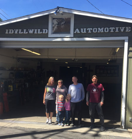 Idyllwild Automotive former and present owners from left, back row are Sherry Kaufman, Carli Nichols, David Schnalzer and Ron Kaufman. In the front row, from left are Gaige and Kenli Schnalzer. The Kaufmans sold the well-established building and business to the Schnalzer family. Escrow closed end of March this year.Photo courtesy of Carli Nichols 