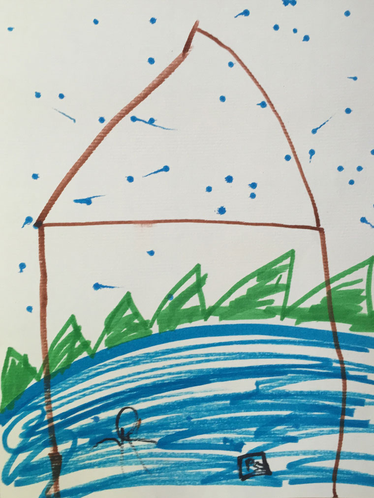 Idyllwild art therapist Karla Leopold was in Baton Rouge using art to help families displaced by torrential rains and floods work through their trauma. This is one 9-year-old boy’s picture and account of what happened to him and his family. He wrote, “The water was a little bit and then it went up and up. And went up 5 feet! It rained three days and then again and again and again. It’s my mom my dad and my grandma my brother and my sister in the house. Everything is lost at our house even our TV. The green is the mold. I am in the picture in the house. I lost my PlayStation two [it’s at the right in the drawing].”Photo courtesy Karla Leopold 