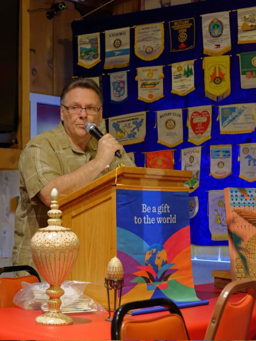 Jerry Baccaire of JerryArt Artists Gallery discussed his unique “dotillism” approach to art with the Idyllwild Rotary Club on Wednesday, Aug. 17. He graciously auctioned a few of his pieces, including an urn and egg created by applying dots of color in intricate patterns, with proceeds supporting the charitable work of the Rotary.  