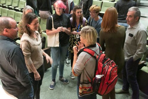 Idyllwild Arts Alumna Elora Hardy (second from left) speaks with current students after her lecture Friday night on campus.Photo by Jenny Kirchner