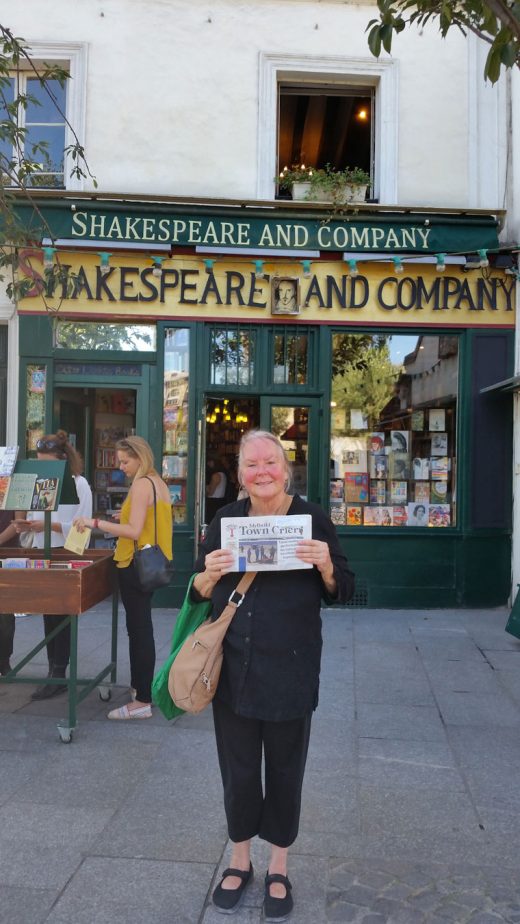 Charlene Chindlund in Paris with the Town Crier at Shakespear and Company book store. Charlene didn’t know the Idyllwild connection to the bookstore when she posed for the photo. It was opened by local resident Bill Whitman’s uncle, George Whitman. After his death, his daughter, Sylvia Beach Whitman, took over the bookstore. Photo courtesy Charlene Chindlund 