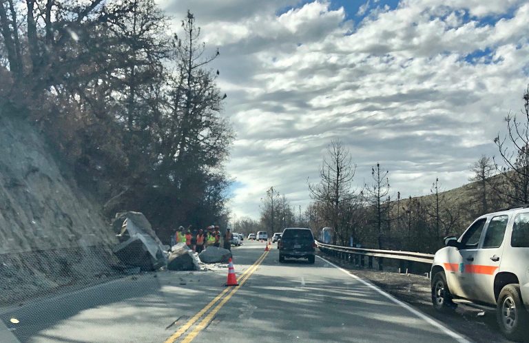 Boulders on Highway 74 close one lane