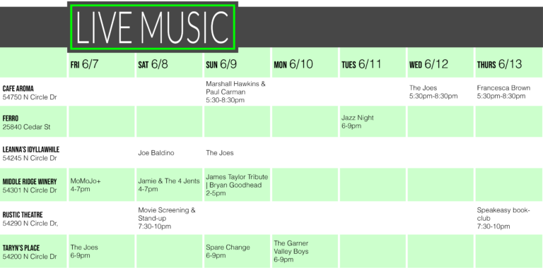 Idyllwild Live Music Calendar