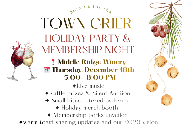 Town Crier Hosts Annual Holiday Party and Membership Night at Middle Ridge Winery to Celebrate Community and Announce New Membership Perks
