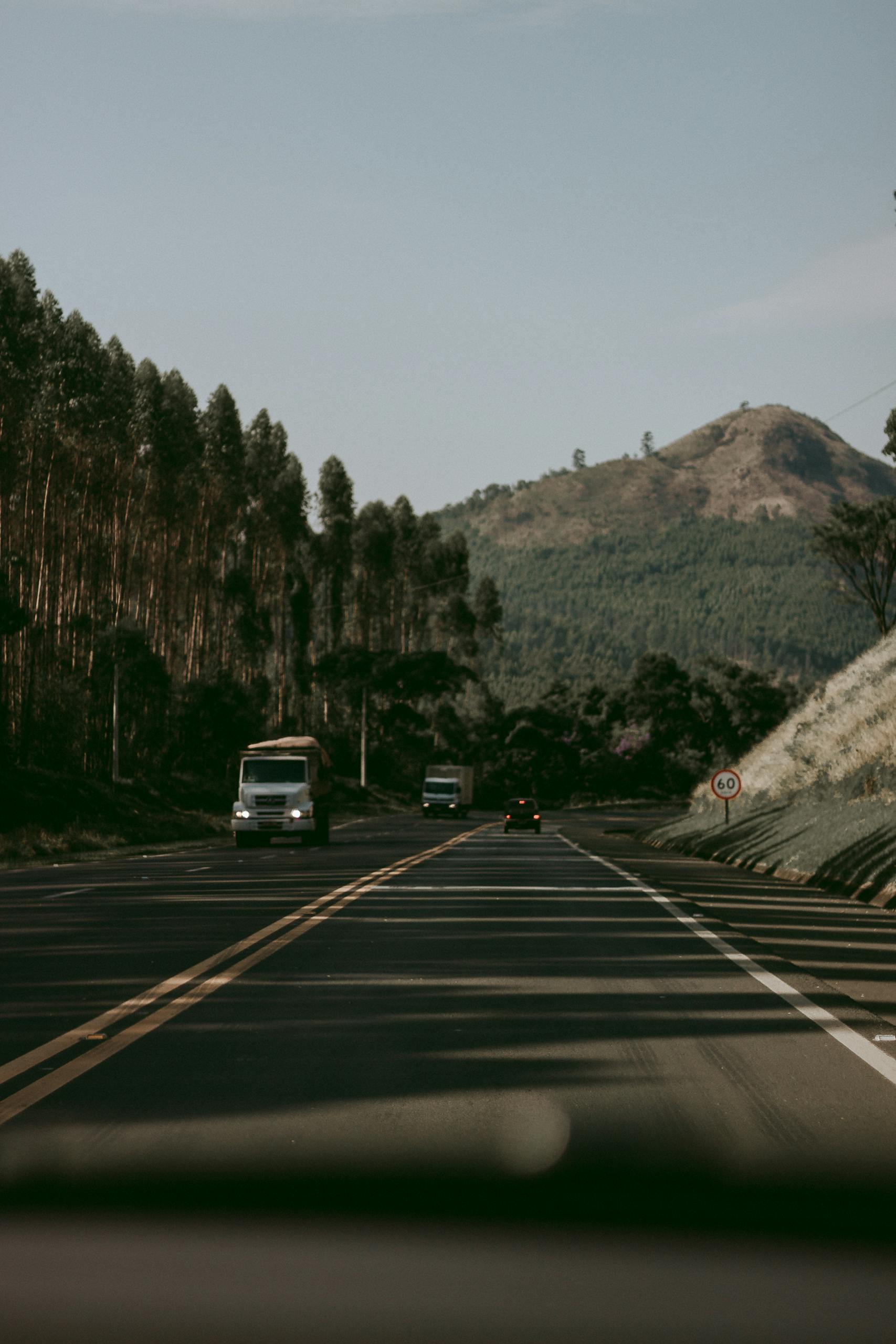 View of a road through a mountainous landscape, lined with trees and traffic.