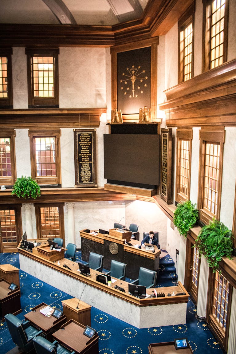 Interior view of the Indiana State Senate chamber, showcasing architecture and decor.