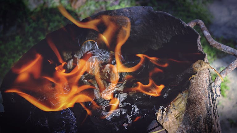 A close-up view of flames consuming dried leaves in an outdoor fire pit.