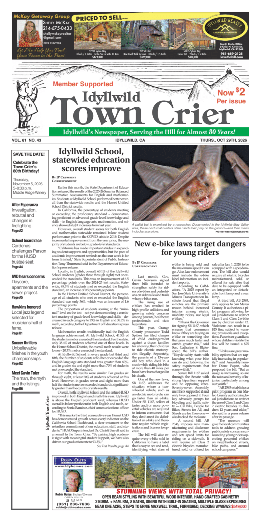Idyllwild Town Crier — October 29, 2026 front page