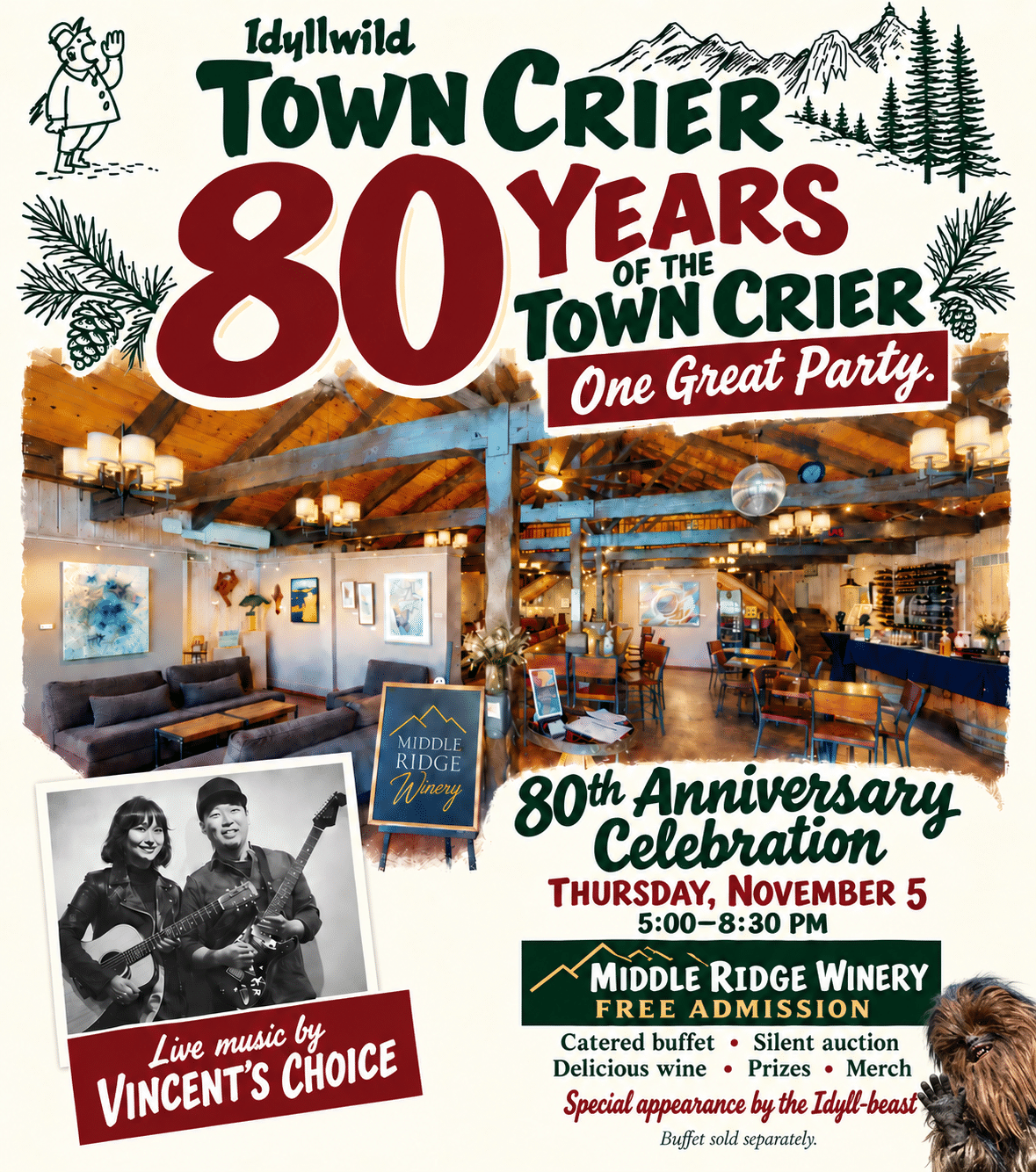 Town Crier 80th anniversary celebration flyer: November 5, 2026, 5–8:30 p.m. at Middle Ridge Winery, with Vincent's Choice. Free admission; buffet sold separately.