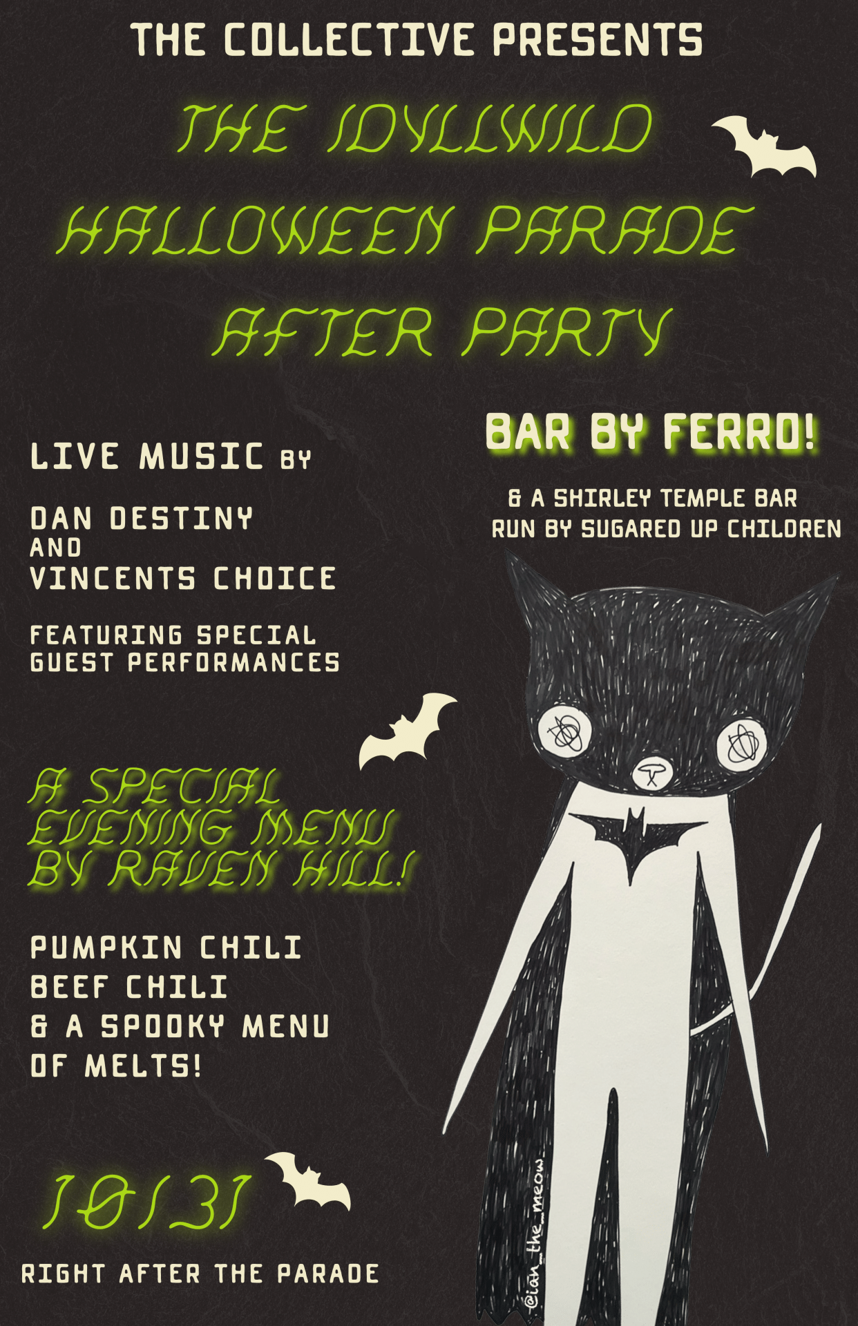 Flyer for The Collective’s Idyllwild Halloween Parade After Party, October 31, featuring live music, food, and drinks.